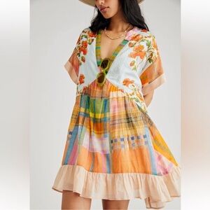 NWT Free People Printed Agnes Dress Mini V Neck Oversized Pockets Sz XS